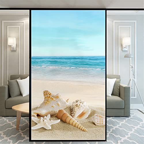 Xijier Filme decorativo fosco de privacidade para janela, bonito padrão de praia, cobertura de porta de vidro, 89 x 100 cm
