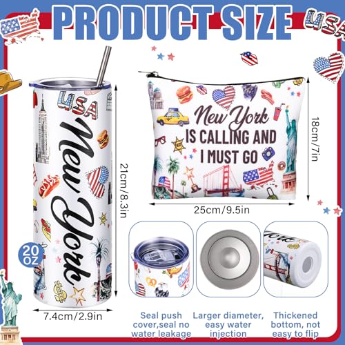Sieral 5 Pcs New York Travel Gift New York Lover USA Themed Gifts Includes Makeup Bag Thermal Cup Keychain Mirror for Traveler Women Friend Sister Birthday Christmas Party2