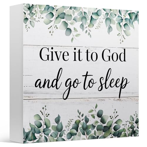 Zyzmasm Christian Decor Signage for Farmhouse Bedroom Home Give It to God and Go to Sleep Rustic Wooden Sign 5x5 Inches