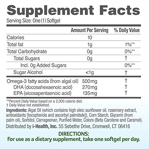 Ovega-3 Vegan Algae Omega-3 Daily Supplement, Supports Heart, Brain & Eye Health*, 500 Mg Omega-3S, 135 Mg Epa + 270 Mg Dha, Fish Oil Alternative, No Fishy Aftertaste, Vegetarian Softgels 60 Ct #TOP5