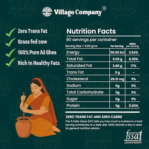 Image of Village Company A2 Cow Ghee Bilona Method | Bilona Ghee 550ML Ongole Cow | Pure Ghee A2 Desi Cow Ghee | Vedic Pure Organic | Earthy Aroma and Danedar | Traditional Curd Churned | Lab-Certified | Glass Jar Half Litre (550 ML A2 Cow Ghee)