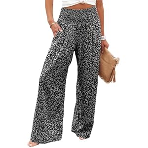 Womens High Waisted Wide Leg Palazzo Pants Casual Lounge Boho Flowy Pants with Pockets