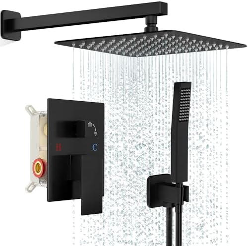 Black Shower Faucet Set, Rainfall Shower System with Square Showe...