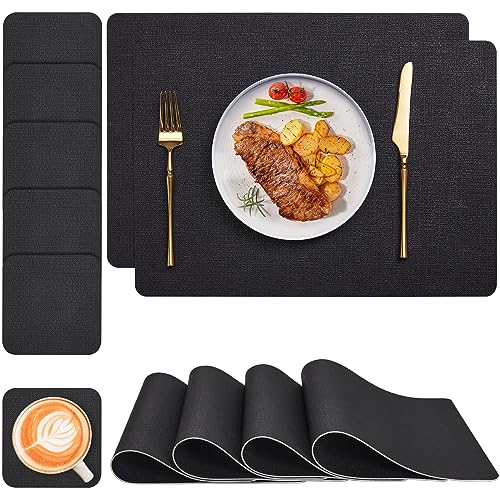 Myir JUN Manteles Individuales Plastico, Salvamanteles Individuales Antimanchas Lavables de Cuero, Antideslizantes Ipermeable Facil de Limpiar Mantel Individual (Juego de 6, Negro/Negro)