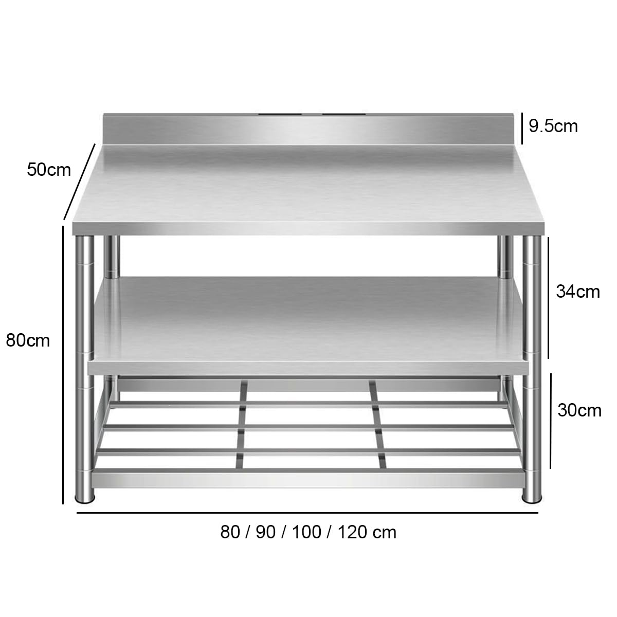 Mesa de horno de pizza de acero inoxidable, mesa de trabajo de preparación de cocina con estante para cuchillos y protector, banco de trabajo resistente, 100 x 50 x 80 cm para preparación de alimentos