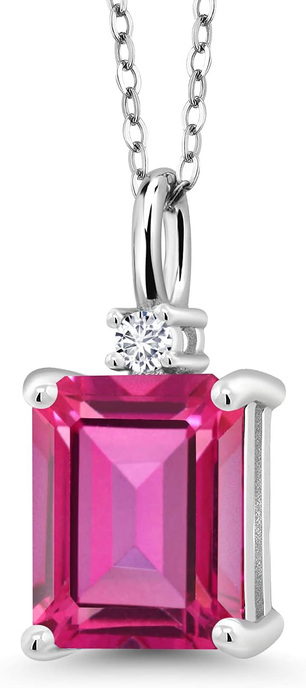 Gem Stone King925 Sterling Silver Gemstone Birthstone and White Lab Grown Diamond Pendant Necklace for Women | Emerald Cut 10X8MM and Round 2MM | With 18 Inch Chain | Fine Jewelry for Her Mom Wife