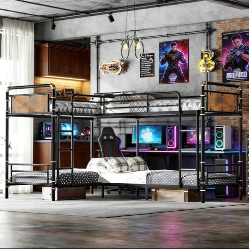 SOFTSEA Metal Quad Bunk Bed for 4 Heavy Duty L-Shaped Metal Bunk Bed with Ladders Detachable 4 Bunk Beds for Kids Teens Space Saving Can Be Divided Into 3 Twin Beds Black