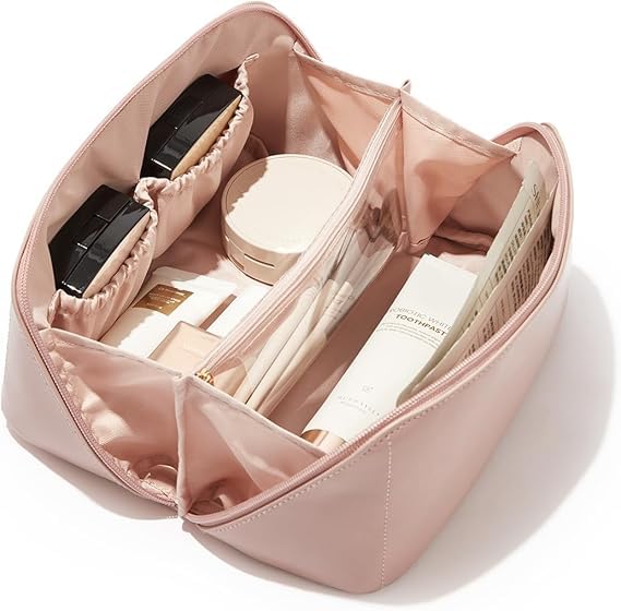 JD FRESH Wide Opening Leather Makeup Organizer Bag/Large Capacity Cosmetic Pouch with Partition & Carry Strap/Portable Toiletry & Vanity Bag for Women/Travel Makeup Bag (Pink)