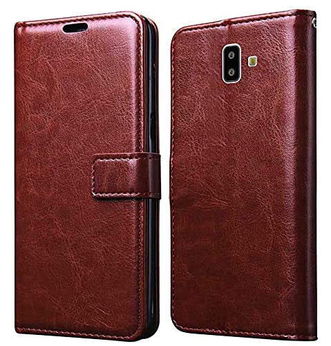 Jkobi Leather | Inner TPU | Foldable Stand | Wallet Card Slots Vintage Flip Case Cover for Samsung Galaxy J6 Plus (Brown)
