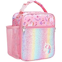 Bagseri Kids Lunch Box for Girls - Insulated Kids Lunch Bag for School | Easy Carry Handle, Leak Proof, Water Bottle Holder, Roomy Toddler Lunch Box for Snacks, Drinks, Picnics, Trip, Pink Unicorn