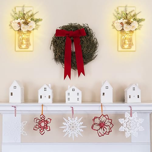 Image of Rustic Wall Sconces Mason Jar Sconces Handmade Wall Art Hanging Design with Remote Control LED Fairy Lights and White Peony, Christmas Decor Gifts Farmhouse Home Decor Living Room Lights Set of Two