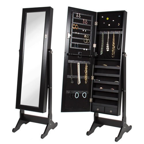 Black Mirrored Jewelry Cabinet Amoire W Stand Mirror Rings, Necklaces, Bracelets