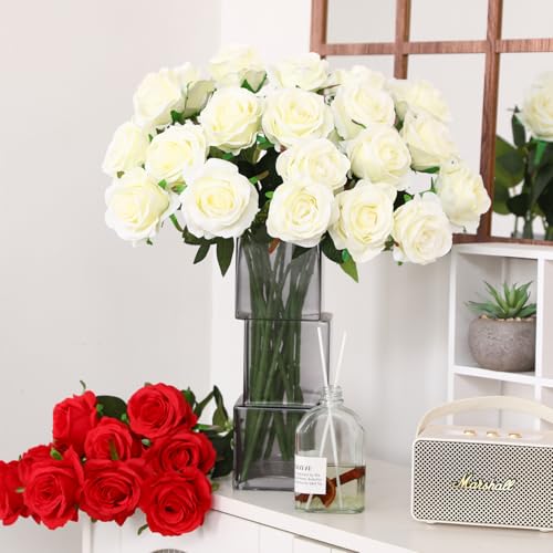 JUSTOYOU 20 PCS White Rose Artificial Flower,Silk Blooming Rose with Stem,Artificial Rose Bouquet Realistic Flower for Home Table Office Party Wedding Garden Arrangements(Blossom Roses white) - Image 4