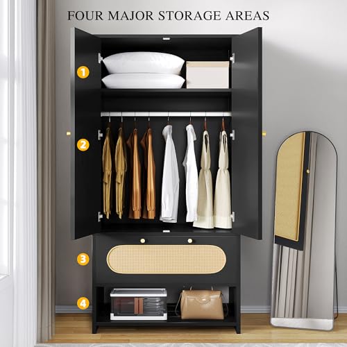 DWVO Rattan Armoire Wardrobe Closet - 70" Tall Rattan Armoire Closet with Doors, Large Storage Cabinet with Drawers & Hanging Rod/Bedroom Armoire - Black