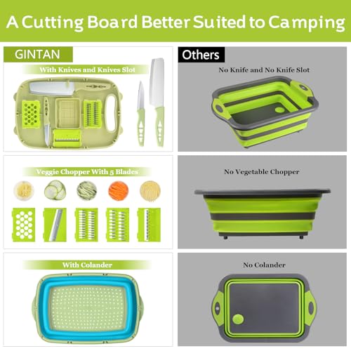 Image of Gintan Camping Cutting Board, 9-in-1 Collapsible Chopping Board with Colander, Kitchen Vegetable Washing Basket for Camping, Camping Gifts Camping essentials for RV Campers (Blue Green)