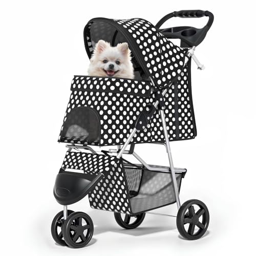 MoNiBloom 3 Wheels Pet Dog Cat Stroller for Small Medium Dogs Cats, Foldable Jogger Stroller w/Storage Basket and Cup Holder, Black Polka Dots