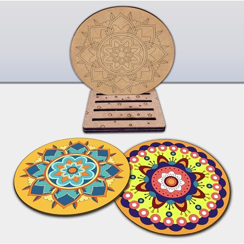 Image of Mini Leaves Wooden Mandala Painting Art and Craft Kit with Wooden Stand- Advance Level| Tea Coaster DIY Art and Craft Kit for 9 to 12 Years, Set of 4