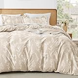 MUXHOMO Duvet Cover Queen Size, Reversible Floral Beige Duvet Cover Set with Zipper Closure, 3 Pieces Botanical Patterns Soft Microfiber Bedding Set with 4 Ties (90'x90', 2 Pillow Cases)