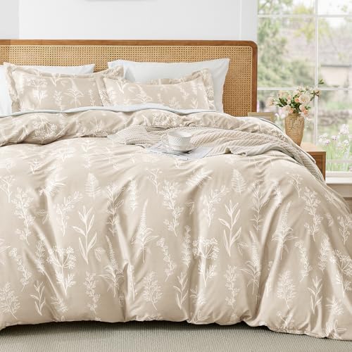 MUXHOMO Duvet Cover Queen Size, Reversible Floral Beige Duvet Cover