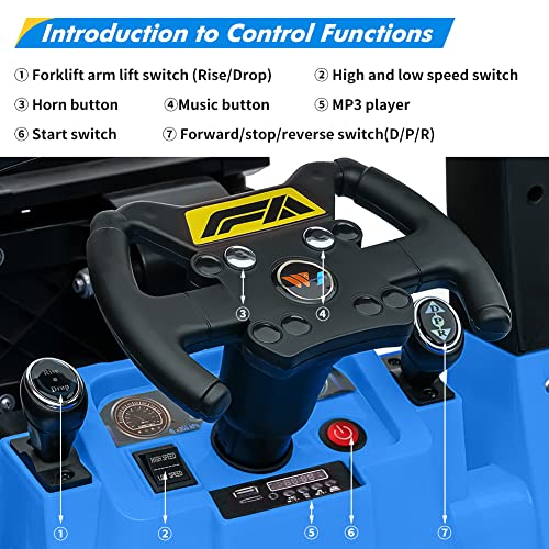 Garvee 12V Electric Ride on Forklift Car with Remote Control, Ride on Car with Liftable Fork and Pallet, High/Low Variable Speed, Music, USB, MP3, and Low-Power Alarm for Boys and Girls(No Tent,Blue)