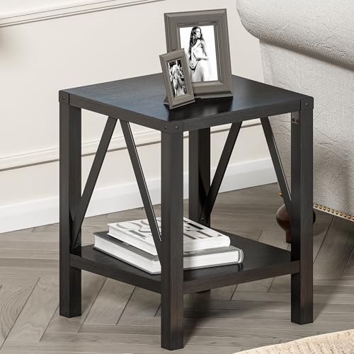 Image of Treocho Farmhouse Side Table Set of 2, Rustic Vintage Nightstand End Table with Shelf for Living Room, Bedroom, Black