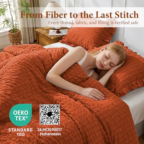 Image of JOLLYVOGUE Burnt Orange Comforter Full Size, 3 Pieces Seersucker Lightweight Full Size Bedding, All Season Fluffy Microfiber Bedding Comforter Set with 1 Ruffle Comforter and 2 Ruffle Pillowshams