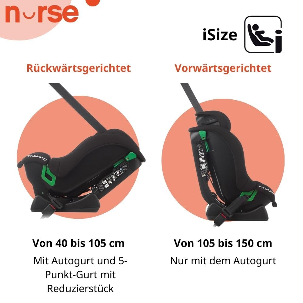 Nurse Traffic Kindersitz i-Size 40-150 cm, 0-12 Jahre, Ohne Isofix, Rückwärtsgerichtet, Verstellbar, mit Neugeboreneneinsatz, Gurtinstallation, Grau