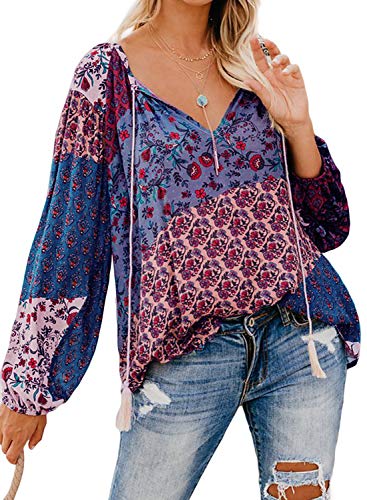 Eytino Women Long Sleeve V Neck Printed Shirts Casual Loose Drawstring Blouse Tops,Large Purple