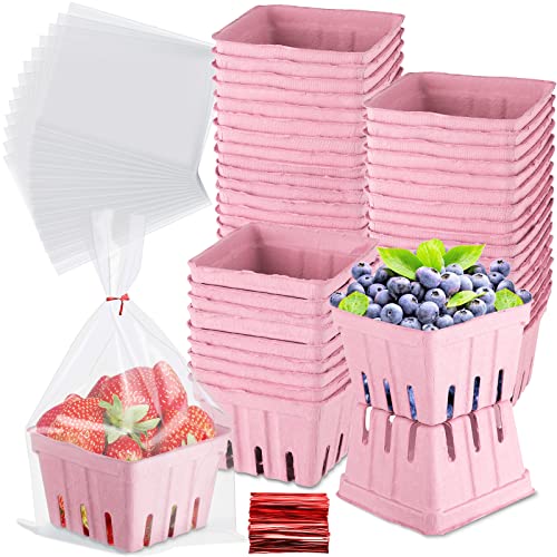 Amyhill 100 Pack Pulp Fiber Basket Set Include 100 Strawberry Berry Basket Small Vented, 100 Clear Packaging Bags, 100 Tie Strips for Kitchen Market Fruit Vegetable Produce Storage(Pint Pink)