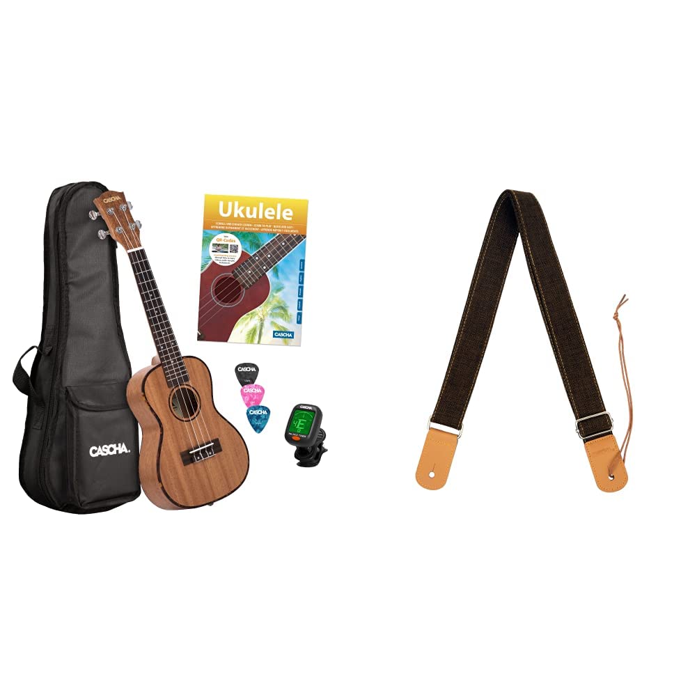 Cascha Konzert Ukulele Set für Kinder & Erwachsene - Starter Kit Mit 3 Plektren, Tasche, Deutschem Lehrbuch, Stimmgerät & Verstellbarem Gurt (76-139 cm)