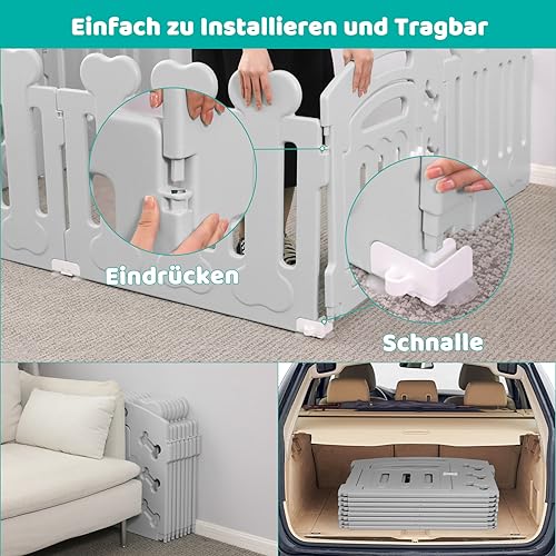 MAMIZO Welpenauslauf 60cm Hoch, Laufstall Hund 7+1 PCS Platten, Plastik Welpenlaufstall, Faltbare Hundegitter, Hundezaun mit Tor, Inkl. Saugnäpfe & Erdanker, Hundekäfig für Zuhause und Outdoor, Grau