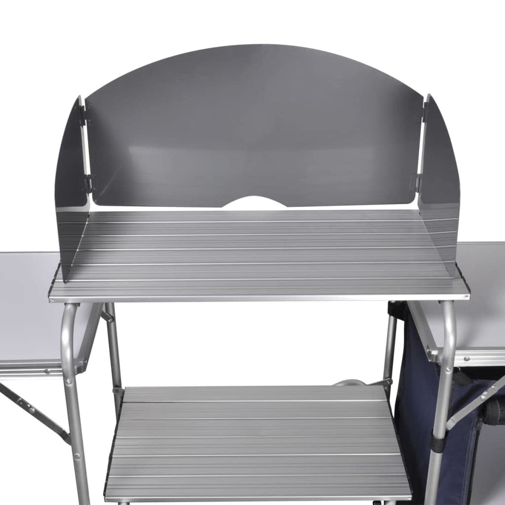 Campingküche klappbar mit Aluminium Windschutz, großer Arbeitsfläche und Schrank, leichte Faltbare Outdoor Küche mit 2 Einlegeböden, inklusive Transporttasche für Picknick, Camping