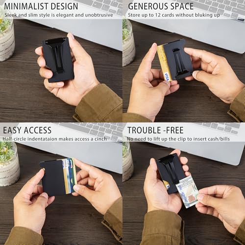 Image of Minimalist Carbon Fiber Wallet for Men, Money Clip Cash Strap Wallet, RFID Blocking Metal Wallet Aluminum Card Holder,Front Pocket Wallet(Matte Black)