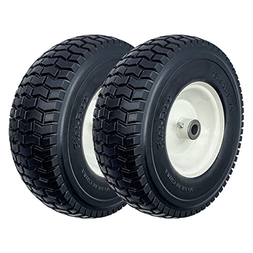 Image of 2-Pack 13x5.00-6 Flat-Free Tire with Rim,3 inchCentered Hub with 3 /4 inch Bushings,w /Grease Fitting,400lbs Capacity,13x5-6 No-Flat Solid Rubber Turf Wheel,for Riding Lawn mower,Garden Cart,Wheelbarrow