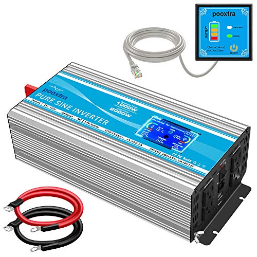 POOXTRA 1000 Watt Pure Sine Wave Inverter 12v to AC 110v with 4AC Power Outlets,Remote Control,2 Cooling Fans + LCD Display & USB Port for Home RV Emergency to Use