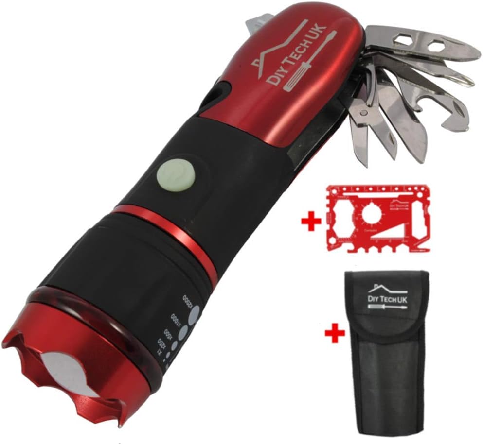 15 in 1 Pocket Multi Tool with Sciccors - 300m Powerful LED Torch + Screwdrivers Spanners Wrenches and More - Free 48 in 1 Credit Card Gadget - Anti-Slip - Burgundy Red