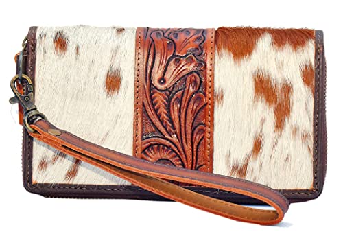 Clutch for Women Designer Card Wallet for Women Cowhide Fur with hand tooling Design on leather wallet for Women Leather (Brown)