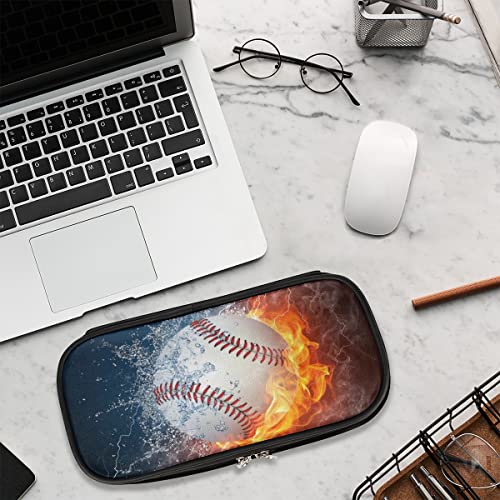 Image of 3D Baseball White Leather Pencil Case Pen Holder Large Capacity Stationery Organizer Pencil Bag with Water & Fire Baseball for Boys Girls Pencil Pouch Case for School College Office,Sports-Themed