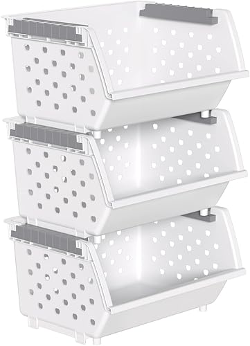Contenedores apilables de plástico, cesta de almacenamiento apilable, color blanco, juego de 3