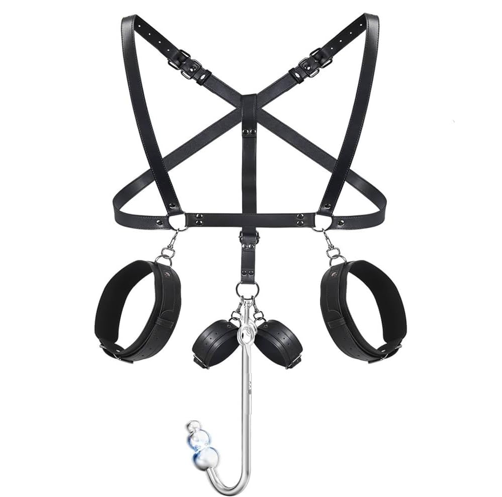 Gancio anale BDSM regolabile con 3 butt-plug in metallo, cinturini in pelle abbinabili a corde bondage, manette e bavaglio — set fetish per coppie e roleplay