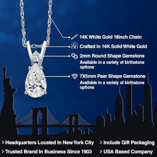 Gem Stone King 14K White Gold Gemstone Birthstone and White Lab Grown Diamond Pendant Necklace | Gold Necklace for Women | Pear Shape 7X5MM and Round 2MM | 18 Inch Gold Chain2