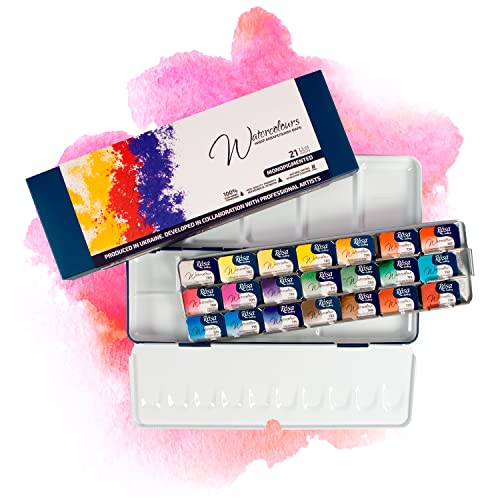 7 Artists Monopigment Aquarellfarben Set - 21 x Näpfchen Lebendige Farben, Hochwertige Künstler-Aquarell im Mehrzweck-Metallkasten mit Mischpalette, Künstler Aquarellkasten, Aquarell Malkasten Cover