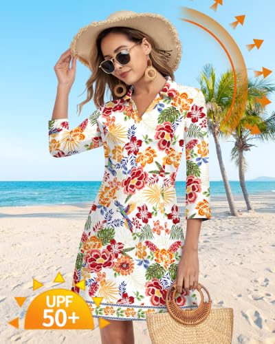 Image of WOWENY 3 /4 Sleeve Dress for Women with Pockets V Neck UPF 50+ Casual Sun Dress Breathable Quick Dry Beach Vacation