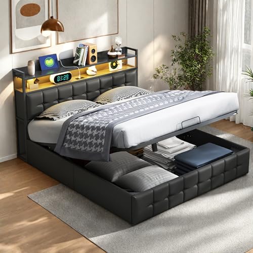DULRLLY Cama tapizada de 140 x 200 cm, cama doble LED con espacio de almacenamiento y somier, cabecero con base de carga, cama hidráulica, sin colchón, negro, poliuretano