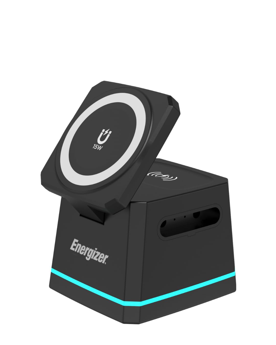 Energizer WCP307 3-1 Cargador de escritorio inalámbrico de 15 W | Carga rápida para smartphone, auriculares y Apple Watch, compatible con MagSafe, soporte plegable con soporte ajustable, USB-C, seguro