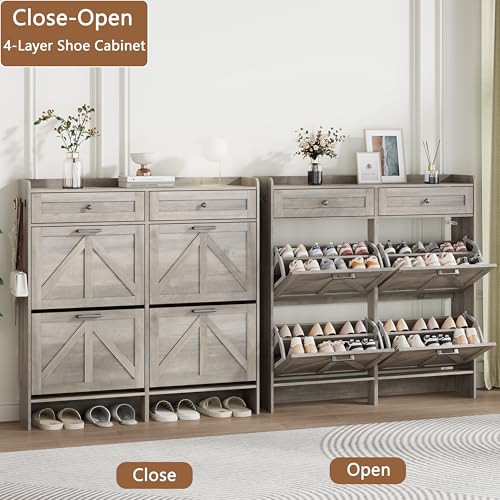 Image of Shoe Cabinet with 4 Flip Drawers & 2 Top Drawers, 43 inch Tall Freestanding Narrow Wooden Shoe Storage Organizer for Entryway, Hidden Slim Shoe Rack for Front Door Entrance, Hallway, Living Room, Grey