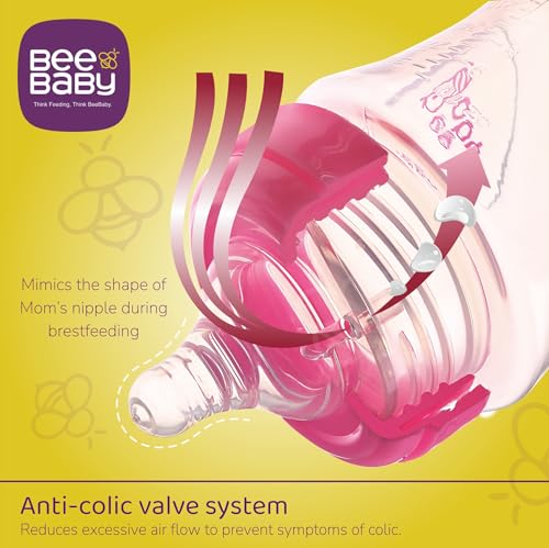Image of BeeBaby Ease Wide Neck Colour Feeding Bottle 300 ml | BPA Free Easy Latching Baby Milk Bottle for Newborns & Infants | Soft Silicone Anti-Colic Nipple Fast Flow (8 Months +) |Pink, Pack of 2