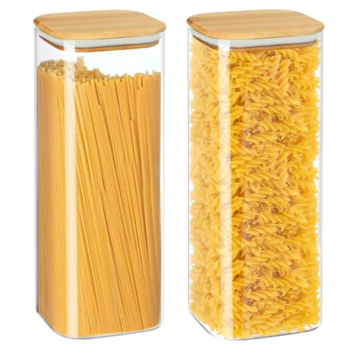 YUEYEE 2 Pack 2500ml Glass Spaghetti Storage Jar with Bamboo Lids Glass Jars with Lids Food Storage containers for Pasta Noodles Rice Sugar Flour Cereal Tea Coffee Beans