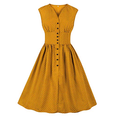 KILLREAL Women's 1950s Vintage Polka Dots Printed V Neck Sleeveless High Waist Pleated Buttons Up Swing Tea Dress Yellow Medium