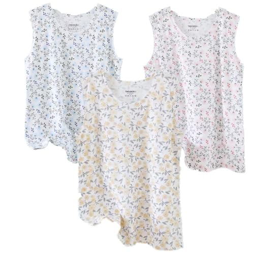 3Pack Middle Elderly Women’s Floral Womens Tank Sleeveless Square Round Neck Ruched Spring Summer Tee (US, Alpha, 5X-Large, Regular, Regular, Pink/Yellow/Blue)